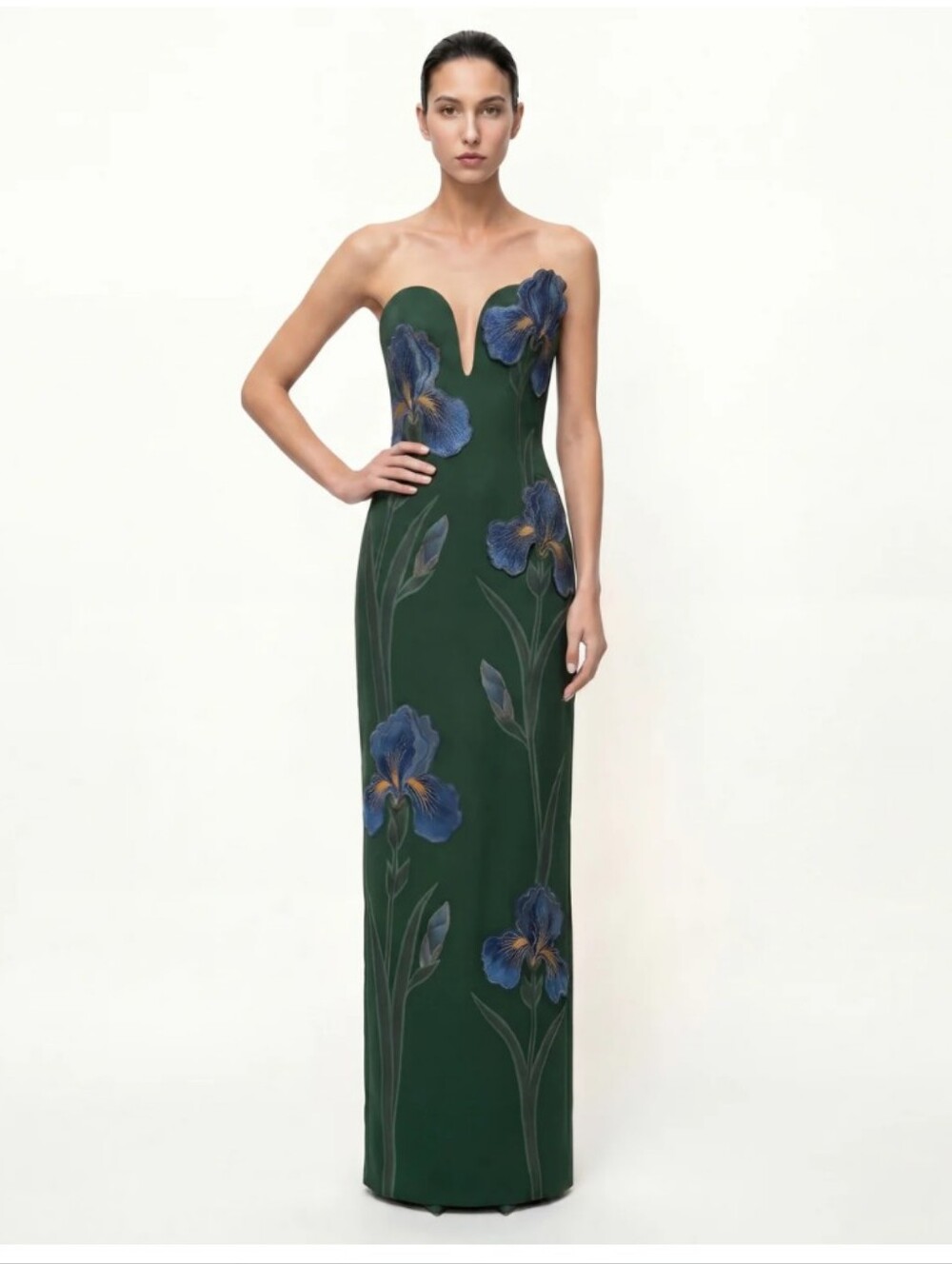Iris Embroidered Notch Neck Strapless Maxi Dress - Emerald Green - SIZE 4